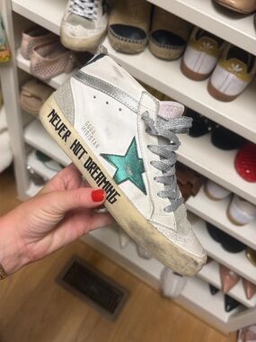 Golden Goose White Leather Sneaker with Metallic Teal Star and Silver Trim